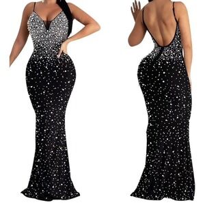 Diamond Even Floor Length‎ Long Dress Women Sexy Crystal Mesh Straps Sz L